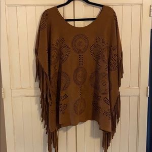 Faux suede fringe poncho